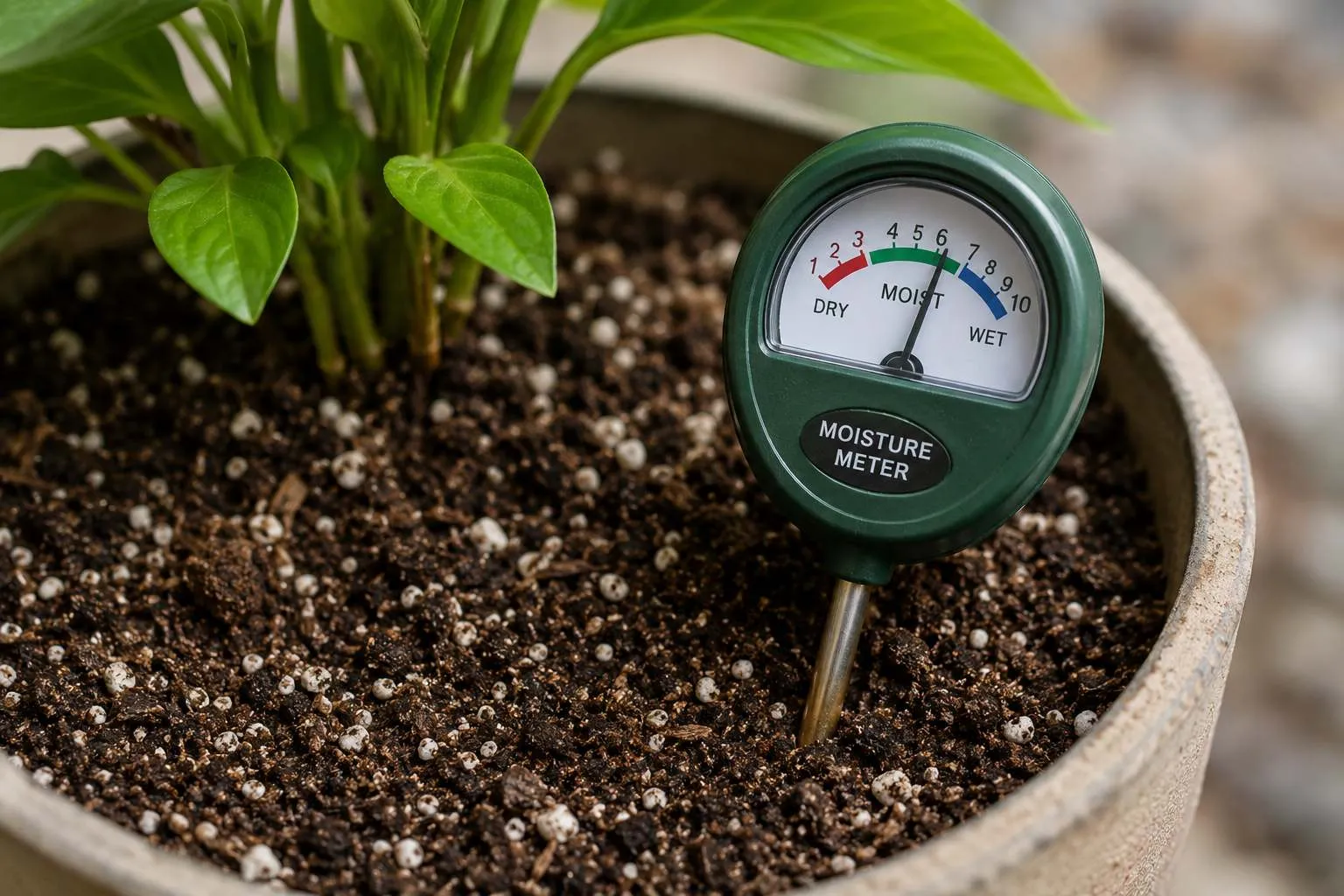 A soil moisture meter probe inserted into the soil of a potted houseplant, the dial and needle clearly visible in the foreground