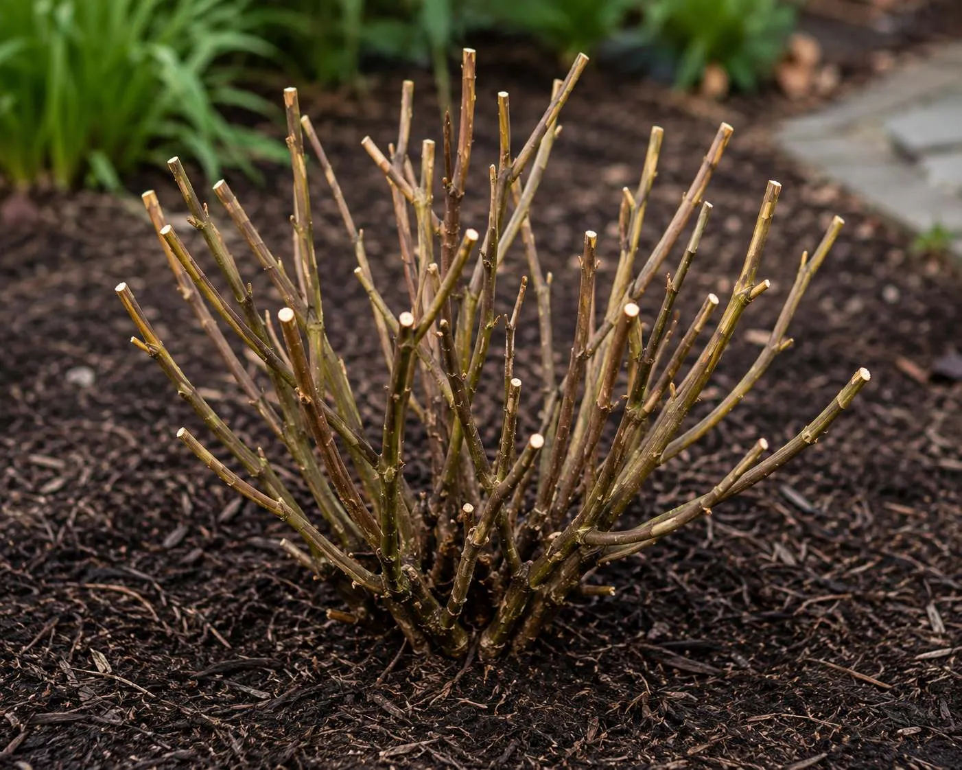 A rose bush freshly pruned in late winter, bare canes cut back to an open vase shape with clean angled cuts