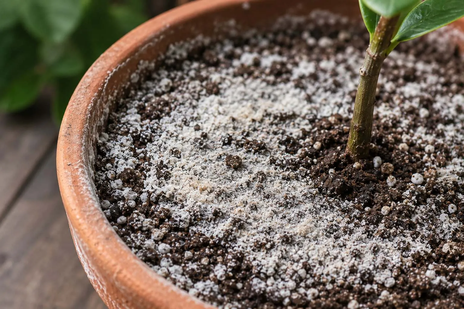 Close-up of white, crusty mineral and salt buildup on the surface of potting soil in a plant pot